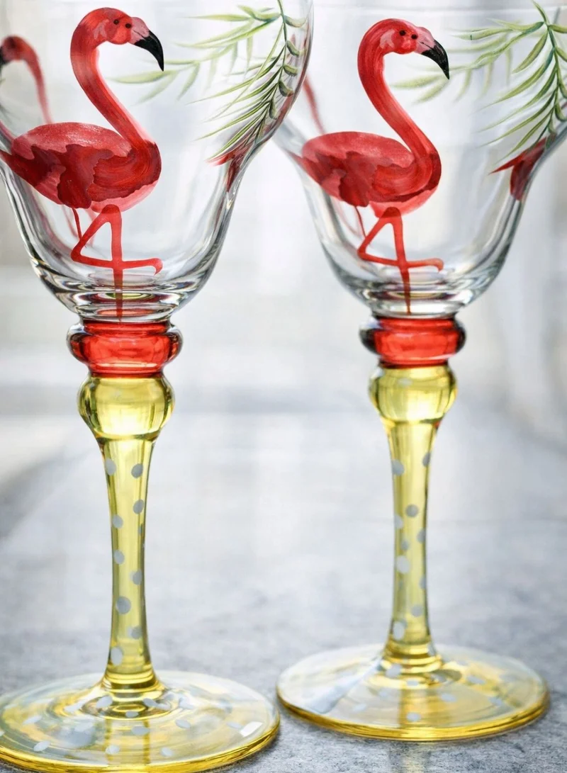 1Chase Clear Hand Painted Margarita Glasses Moroccan Collection, Flamingo Design 270ML Set of 2, Artisan Decorative Cocktail Glassware, Unique Kitchen Table Décor Glasses  | Best Price UAE